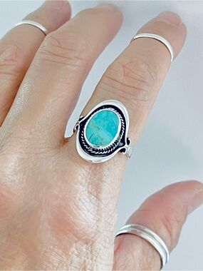 Sterling Silver Bali Style Genuine Turquoise Ring, Boho Ring, Silver Rings